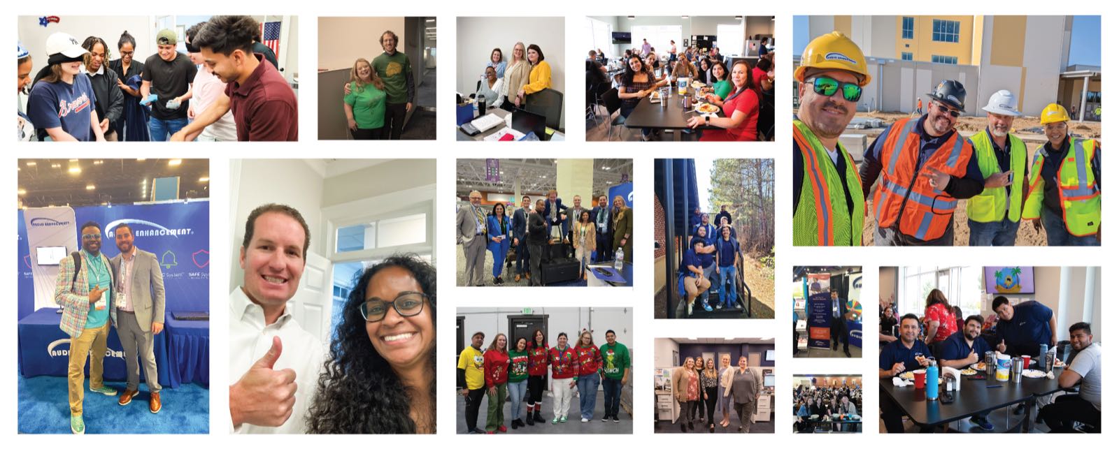 A collage of Audio Enhancement team members: coworkers at lunch and holiday parties, colleagues at trade show booths, and a crew in hard hats and safety vests on a school construction site.